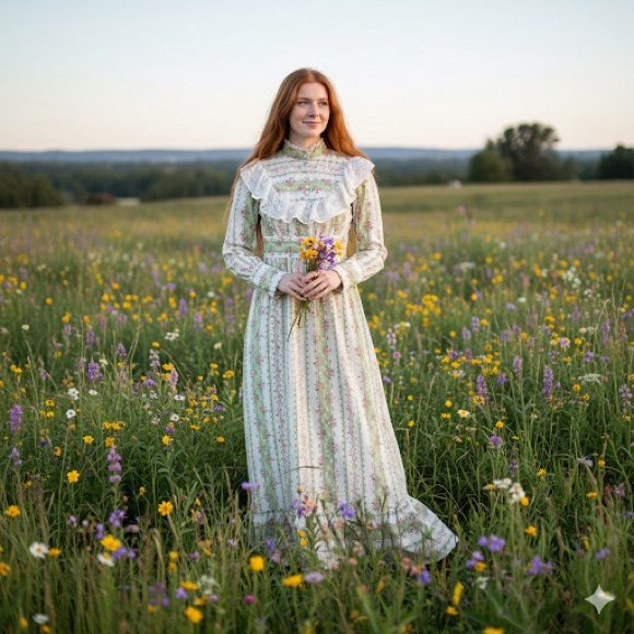 Vintage 1970s Vicki Vaughn Promenade XS Green Floral Prairie Ruffle Maxi Dress - Picture 1 of 16
